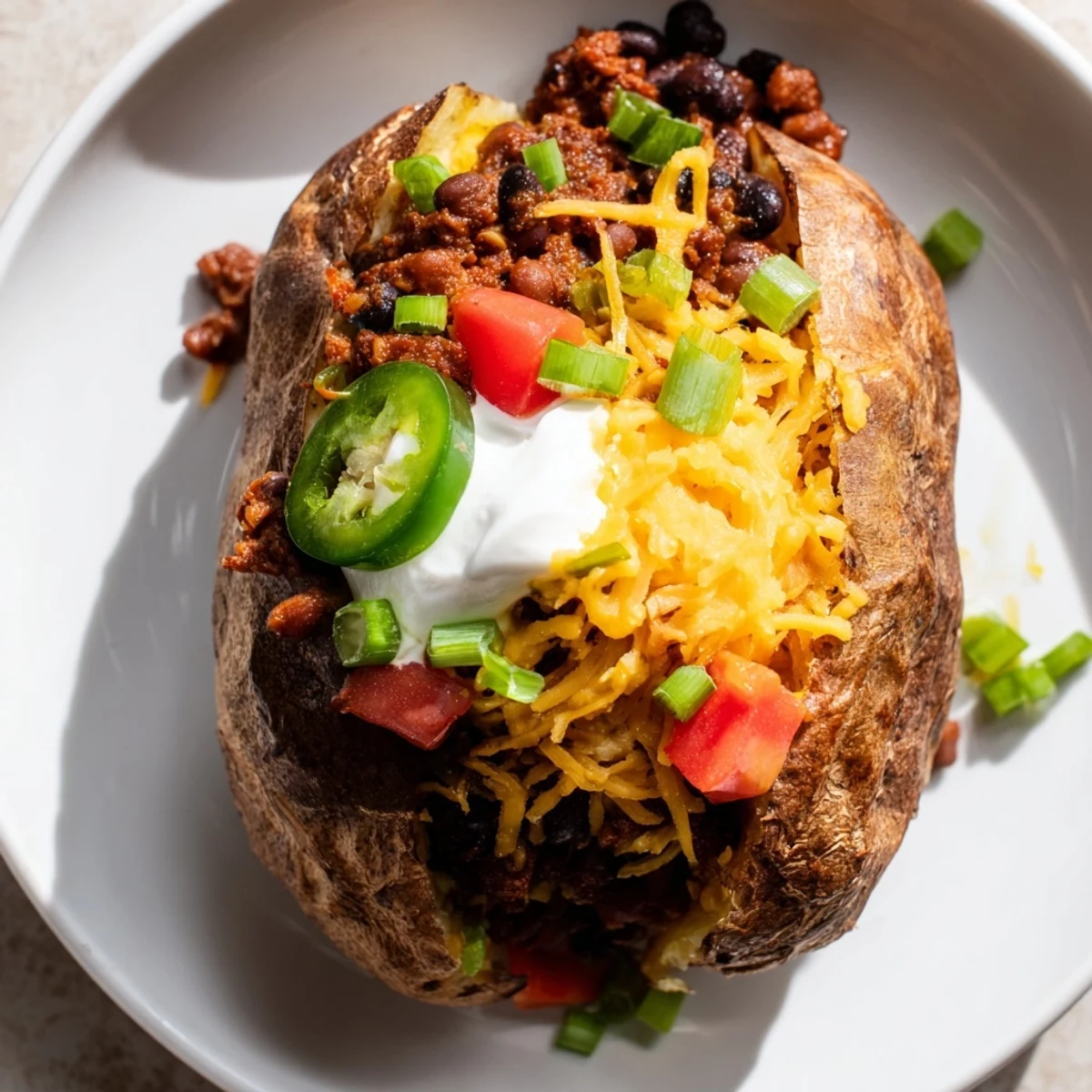 Textured image: a fully-loaded Baked Potato bursting with flavorful chili and various toppings.