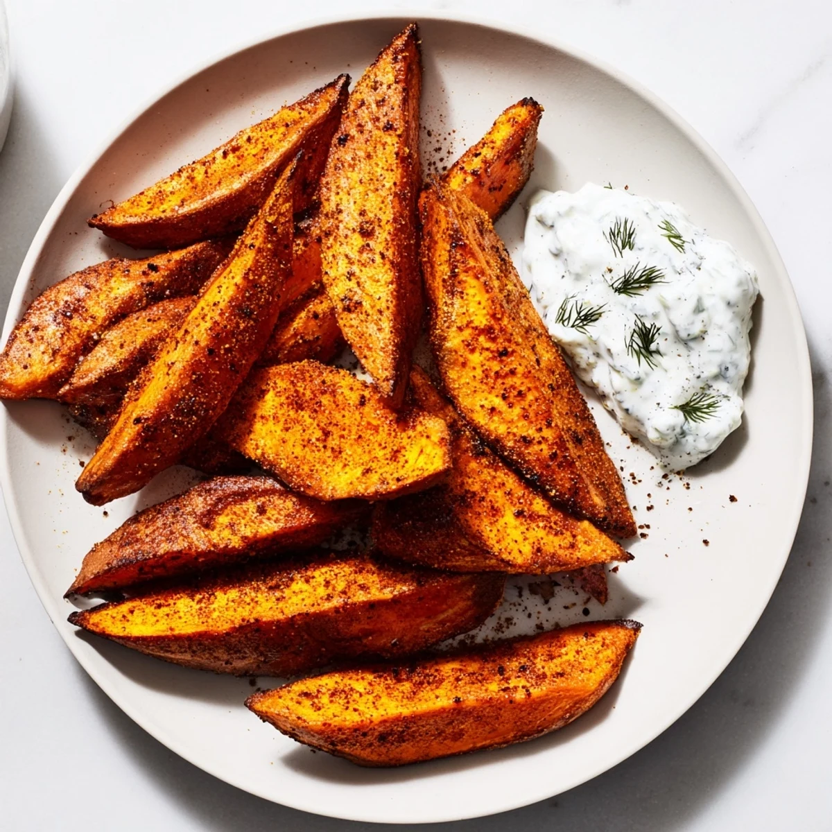 Tender, flavorful roasted sweet potato wedges complemented by a creamy herbed yogurt dip.