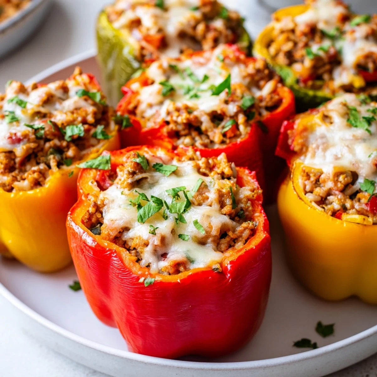 Golden-brown stuffed peppers with turkey and rice, a flavorful and hearty American dinner, ready to eat.