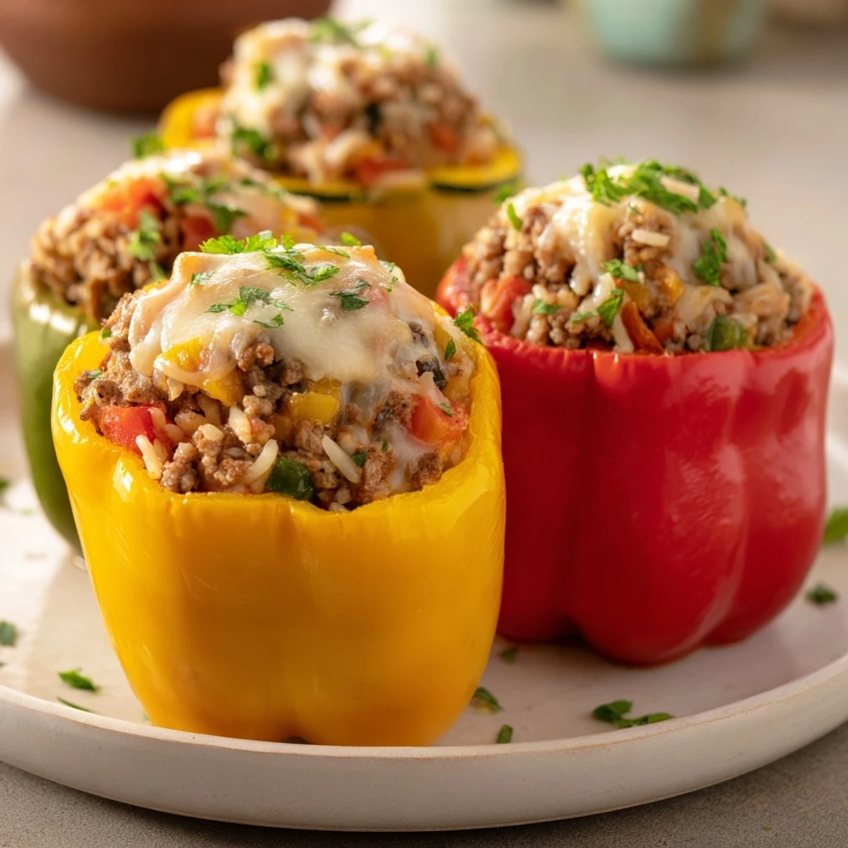 Steaming plate of stuffed peppers with ground turkey and rice, topped with melted cheese, perfect comfort food.