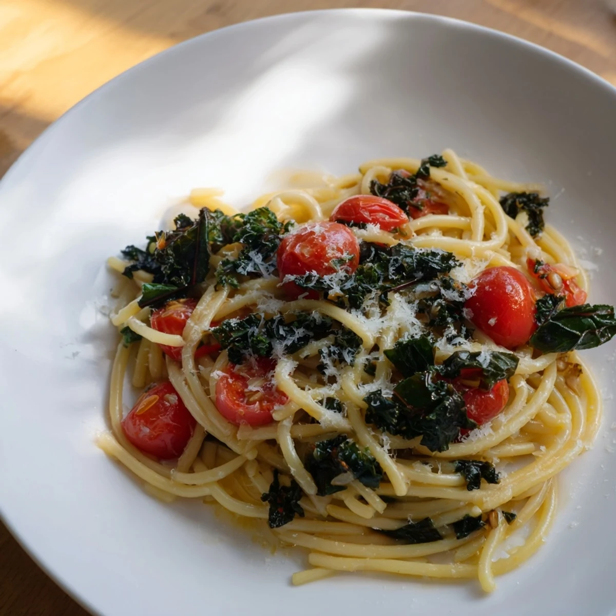 Steaming one-pot spaghetti with kale and tomatoes, topped with fresh basil and Parmesan cheese.