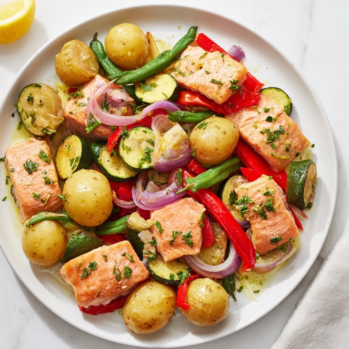 Imagine the vibrant colors of this easy Salmon & Potato Skillet, seasoned to perfection and bursting with flavor.