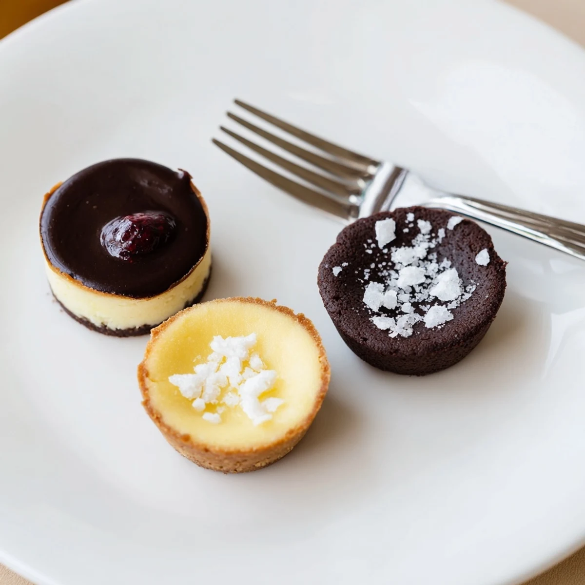 Delicate Mini Dessert Bites Trio, with creamy cheesecakes, chocolate tarts, and lemon curd tarts ready to serve.