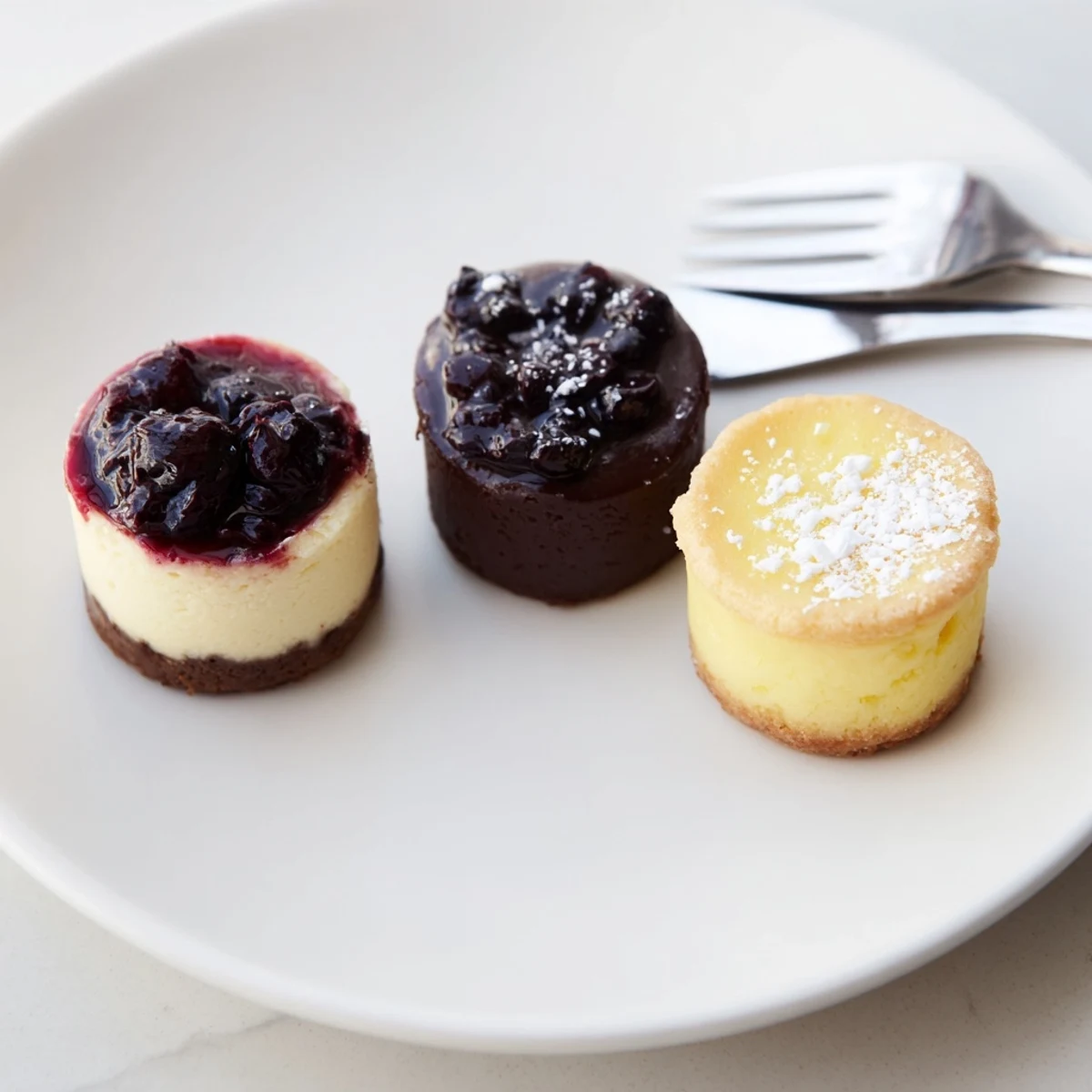Freshly baked Mini Dessert Bites Trio arranged on a plate, tempting you with varied sweet flavors.