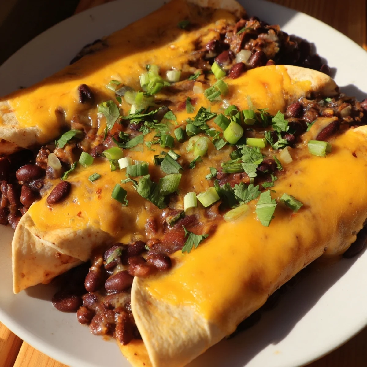 Steaming Cheesy Bean Enchiladas fresh from the oven, bubbling with rich enchilada sauce and melted cheese.