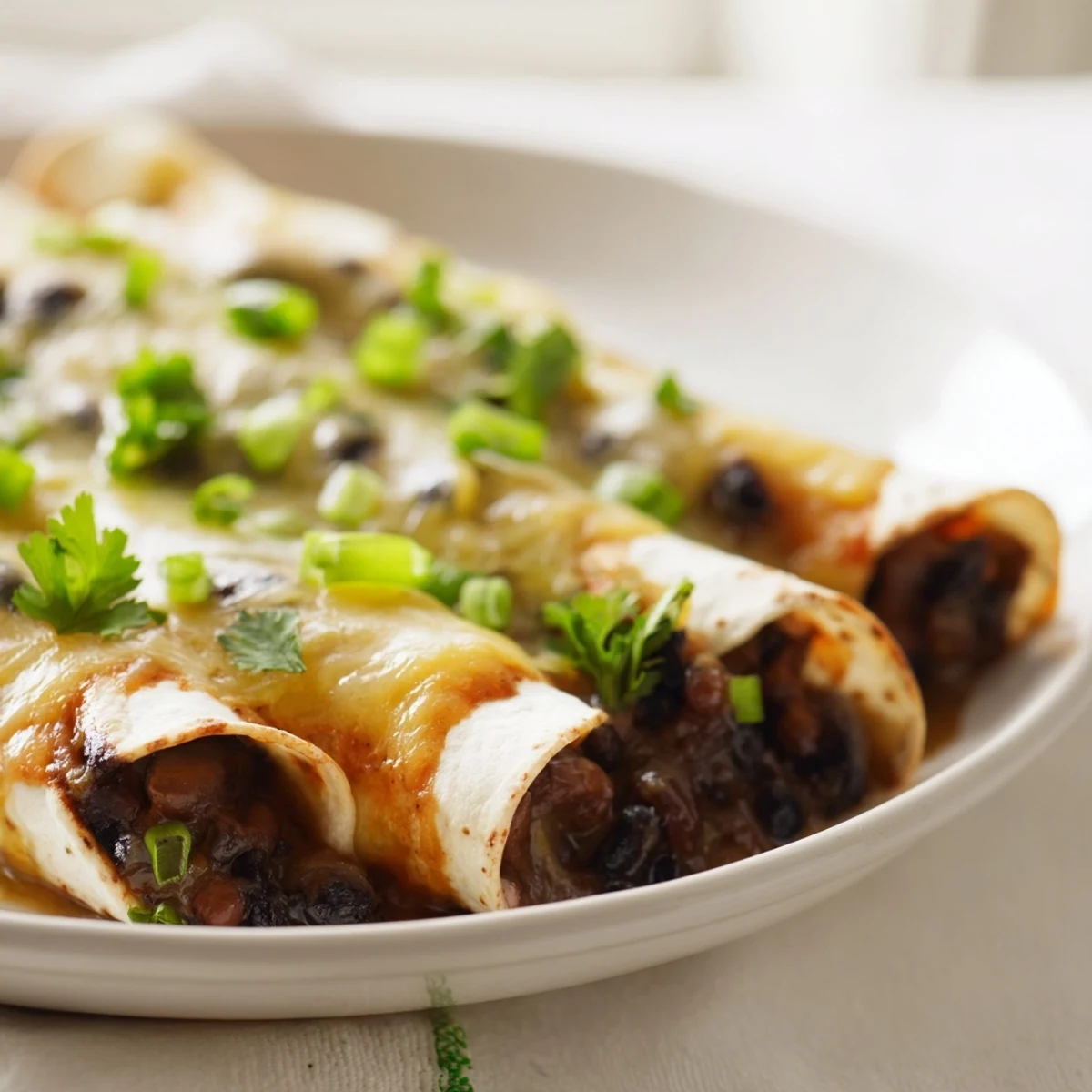 A close-up of cheesy, rolled Cheesy Bean Enchiladas with a vibrant green garnish, ready to serve.