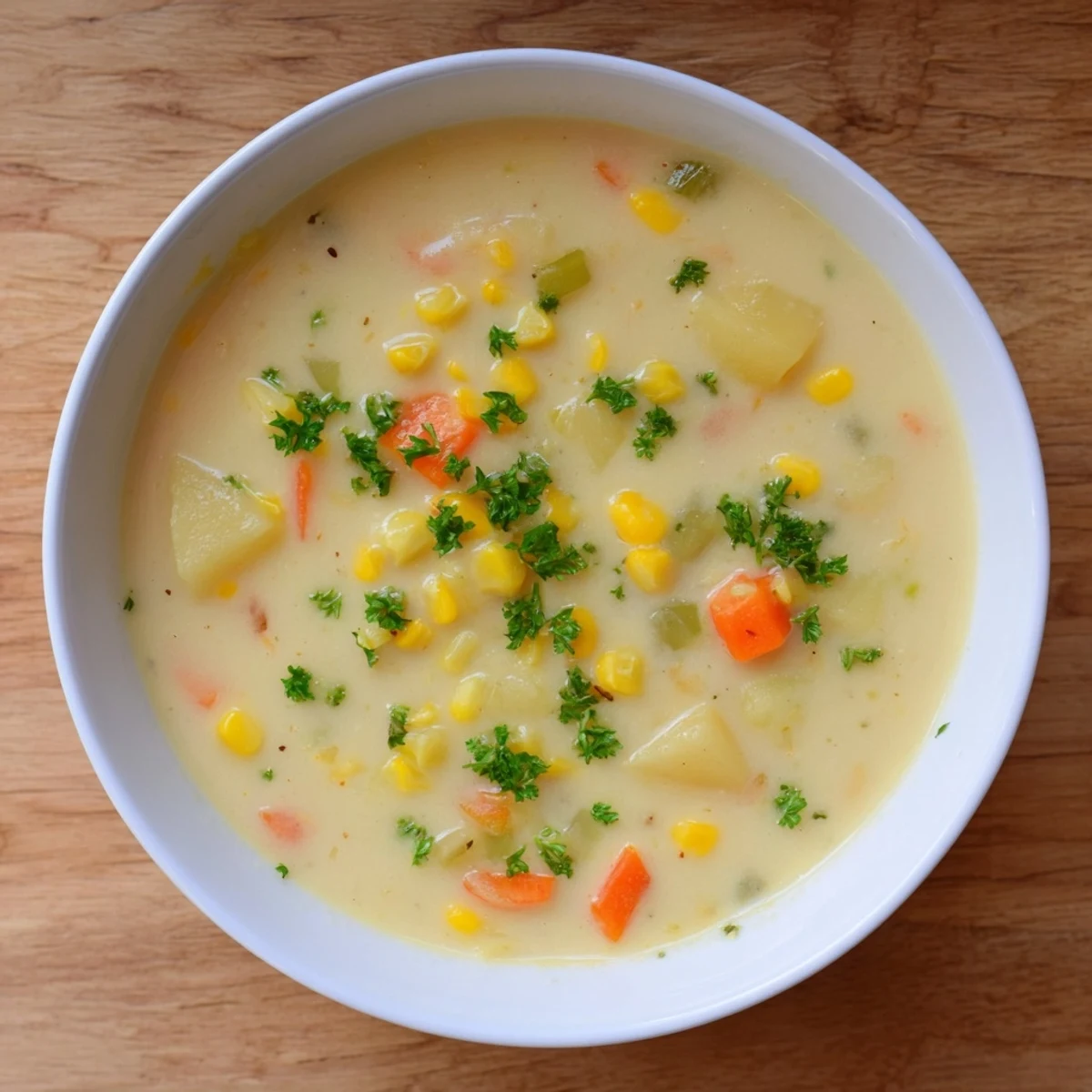 Creamy, golden Corn & Potato Chowder with chunks of tender potatoes and sweet corn.