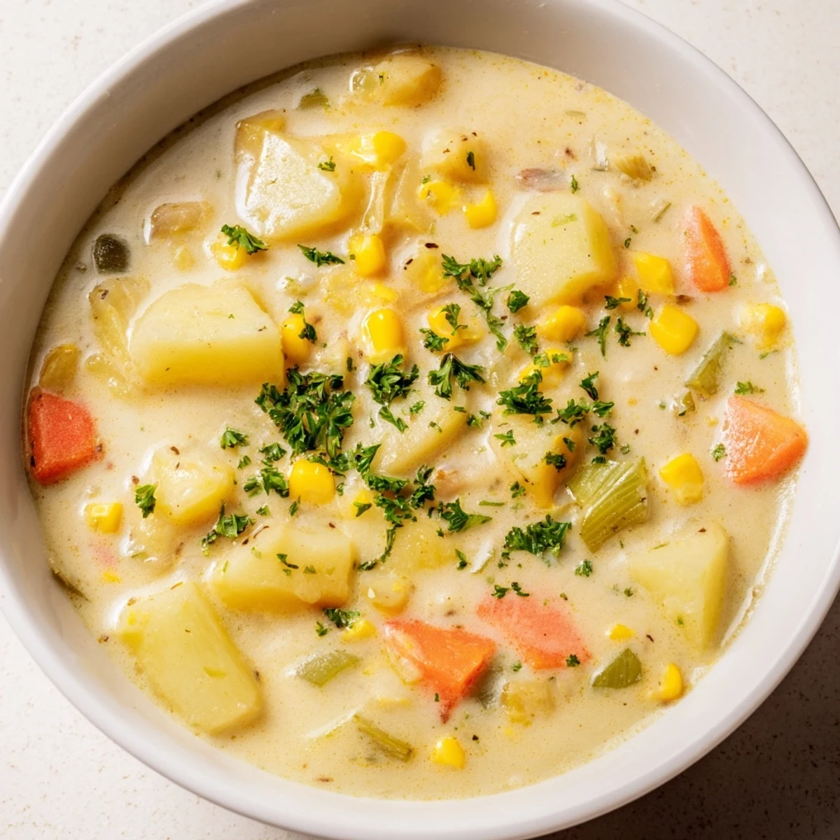 Steaming bowl of Corn & Potato Chowder garnished with fresh herbs, ready to enjoy.