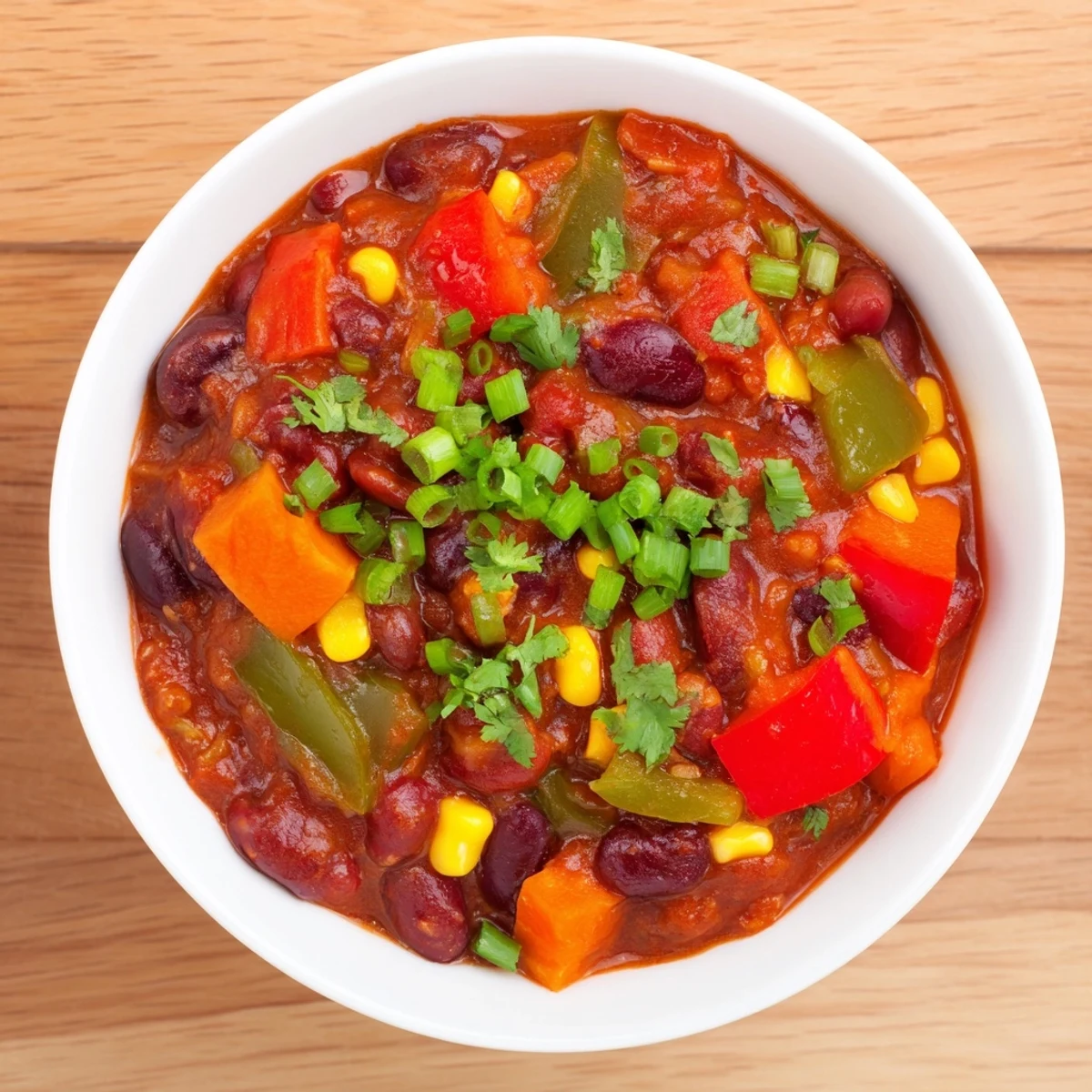 Steaming veggie chili with a rich tomato base, served in a bowl, perfect for a cozy dinner.