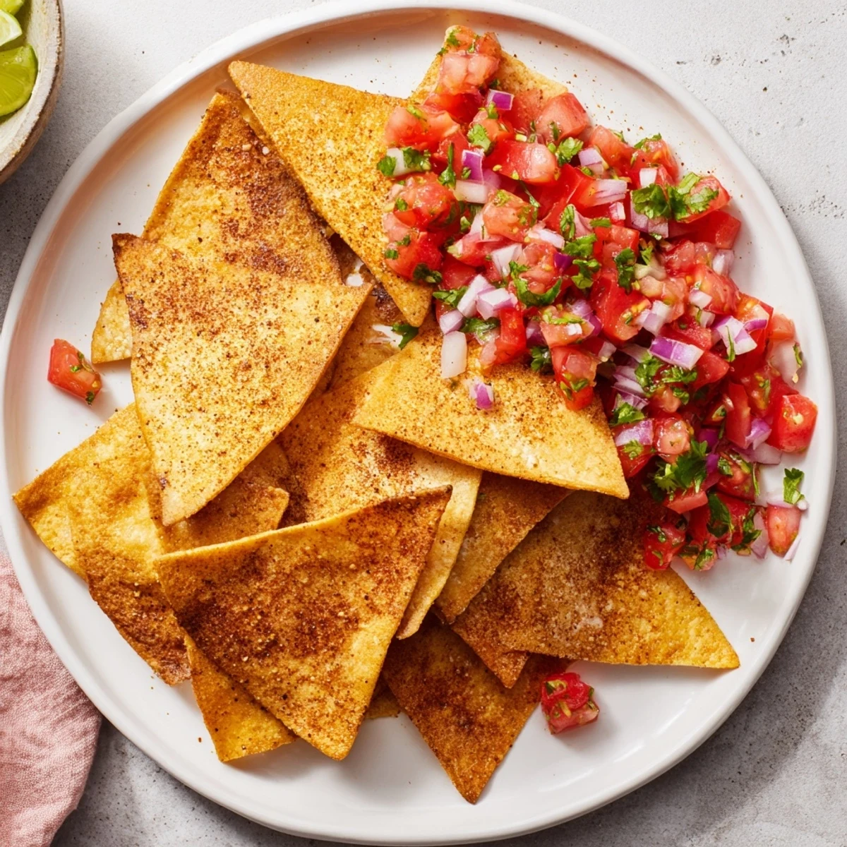 Golden air-fryer tortilla chips sit next to a vibrant bowl of homemade fresh salsa.