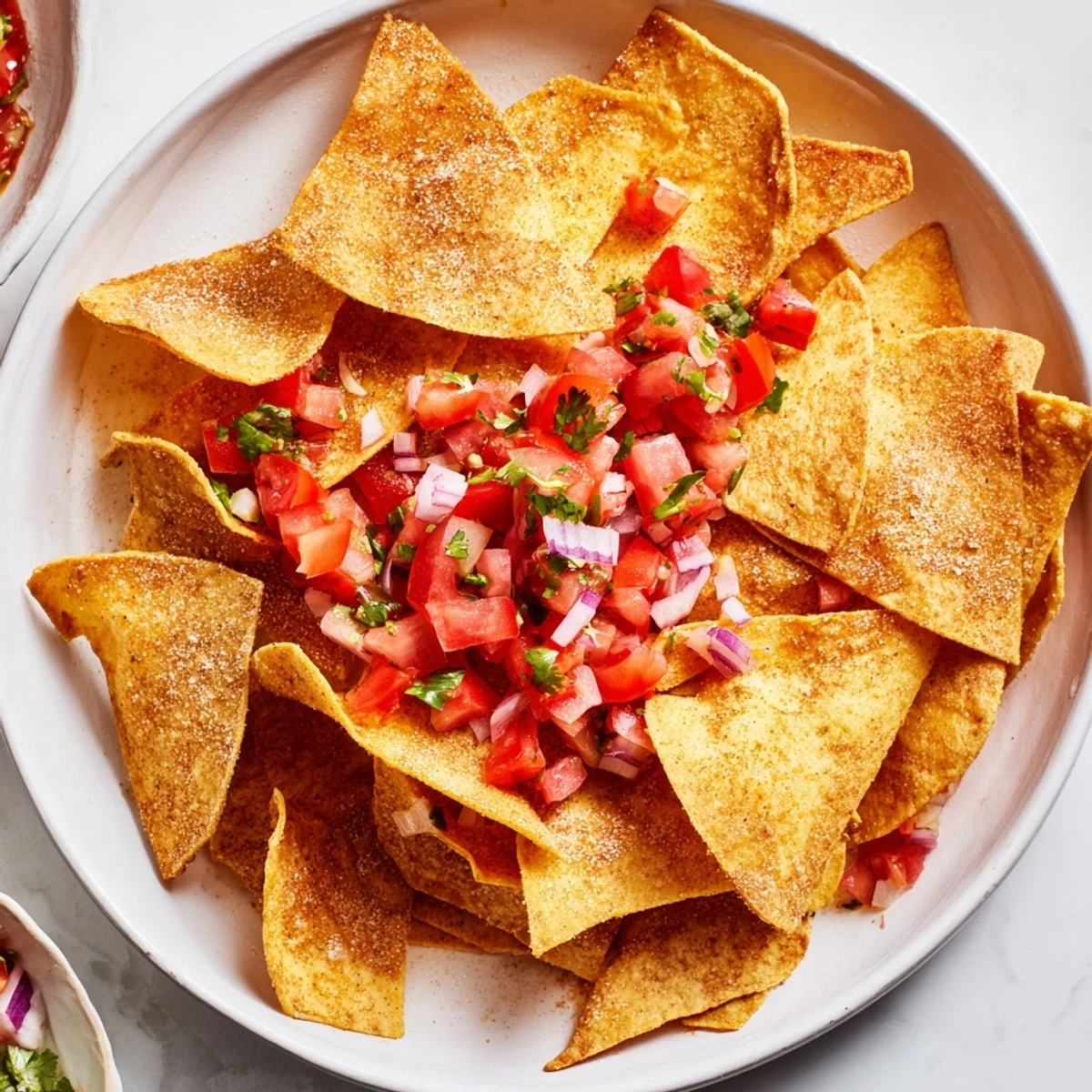Crispy air-fryer tortilla chips perfect for dipping into a fresh salsa, ideal snack.