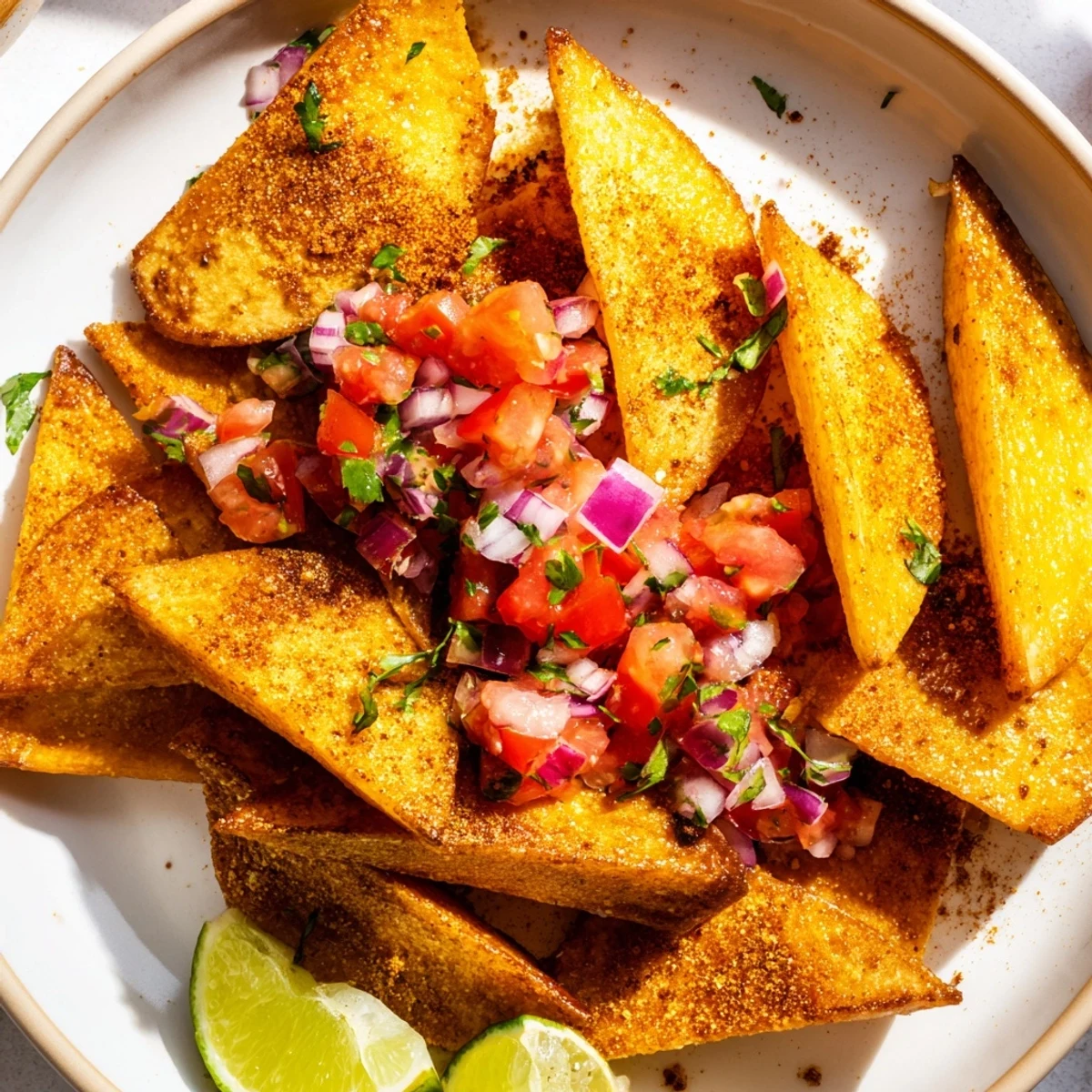 Close-up of golden, crunchy air-fryer tortilla chips ready to be enjoyed with salsa.