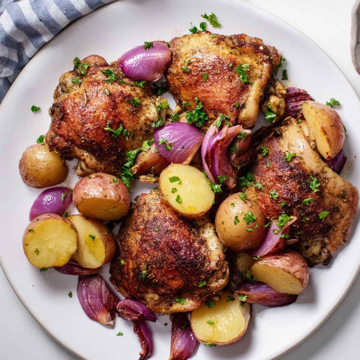 Sizzling Sheet Pan Zaatar Chicken and potatoes, showcasing perfectly roasted vegetables and succulent chicken thighs.
