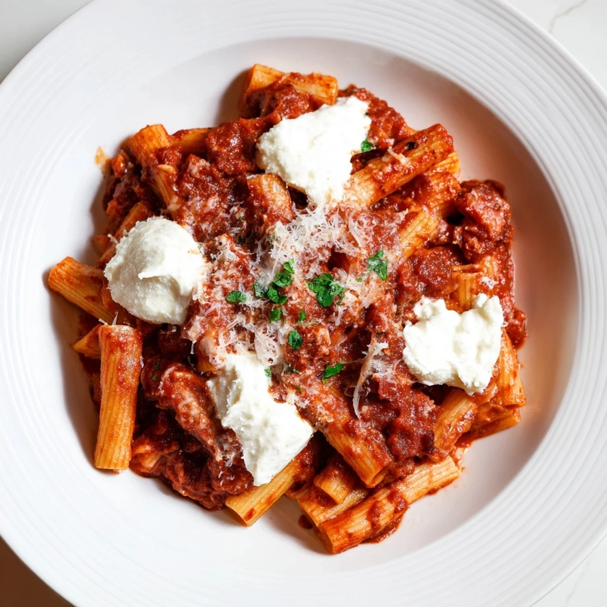 Steaming slow cooker baked ziti, oozing melted mozzarella and Parmesan cheese, ready to serve.