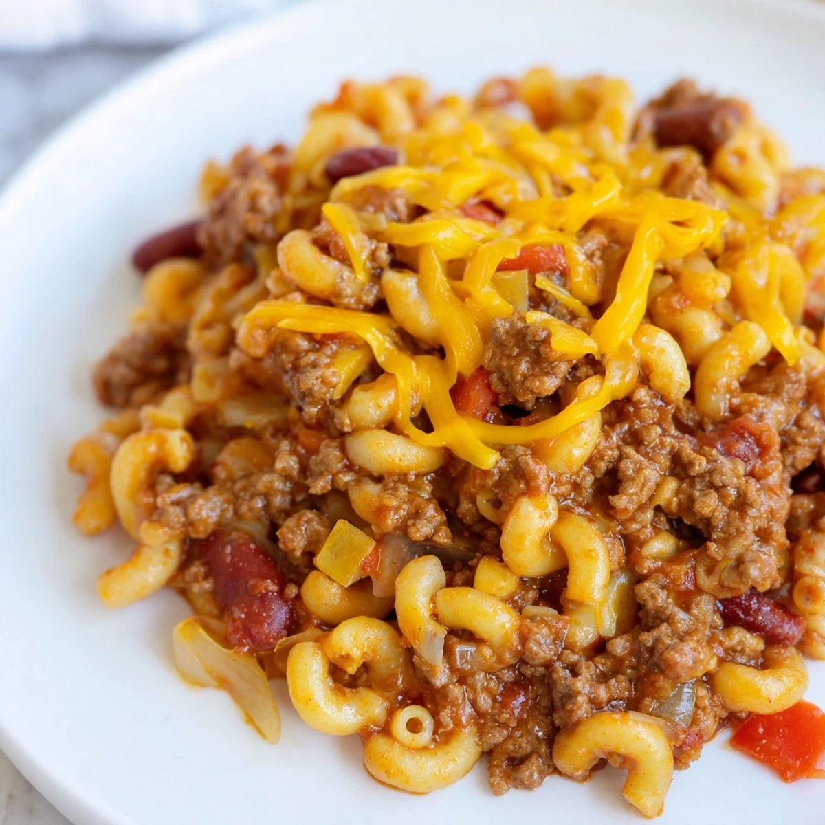 Steaming Cheeseburger Chili Mac Skillet, topped with melted cheddar, ready for a comforting weeknight meal.