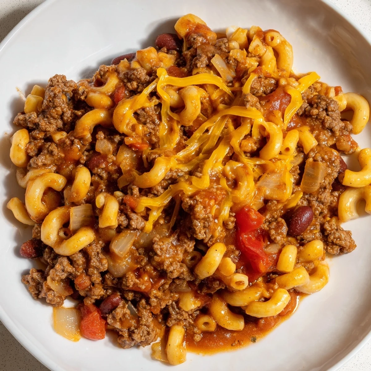 A flavorful Cheeseburger Chili Mac Skillet simmering in a pan, with visible ground beef and tender pasta.