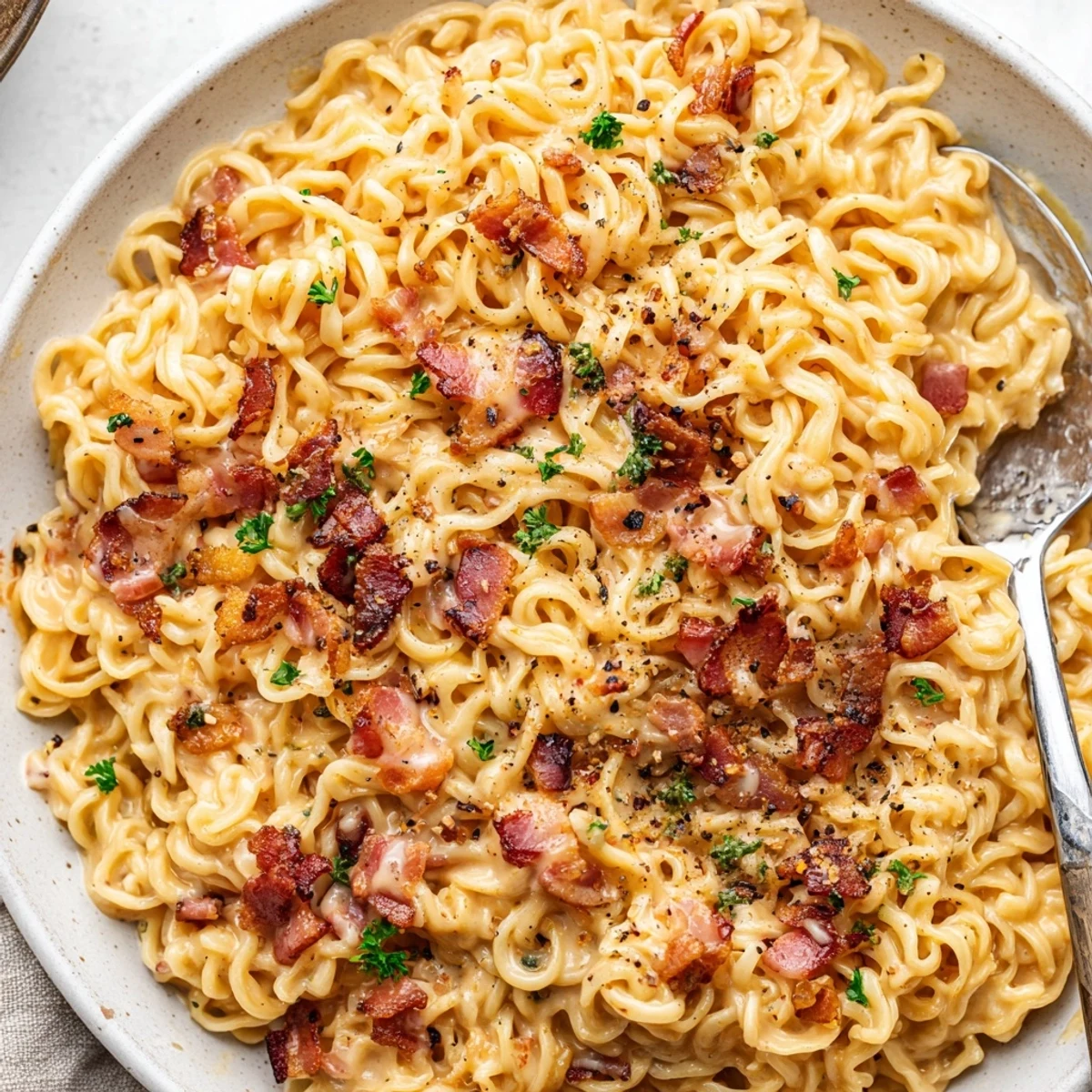 Steaming Instant Pot carbonara ramen: rich, creamy noodles with crispy bacon, ready to enjoy.
