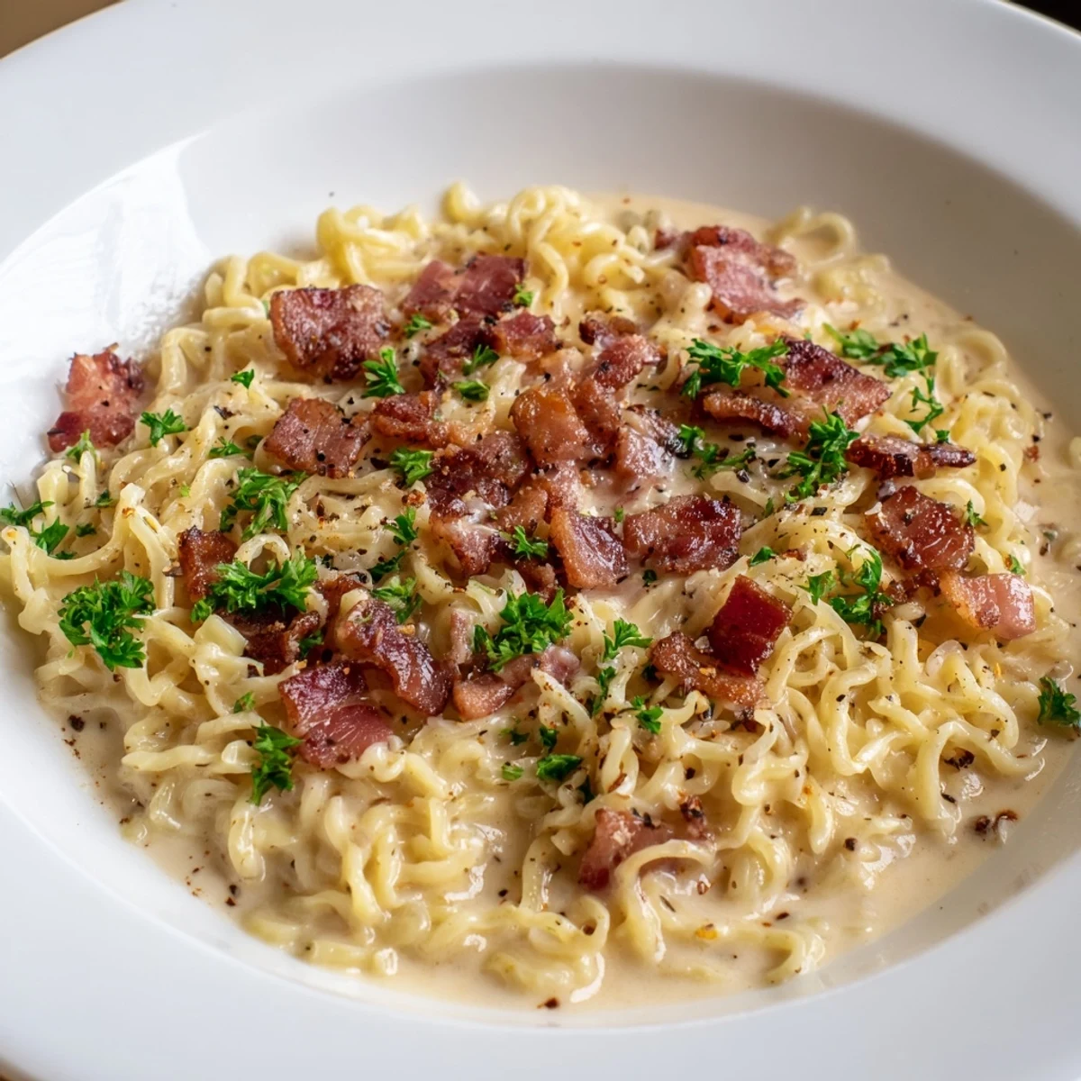 A close-up of vibrant Instant Pot carbonara ramen garnished with fresh parsley and cheese.