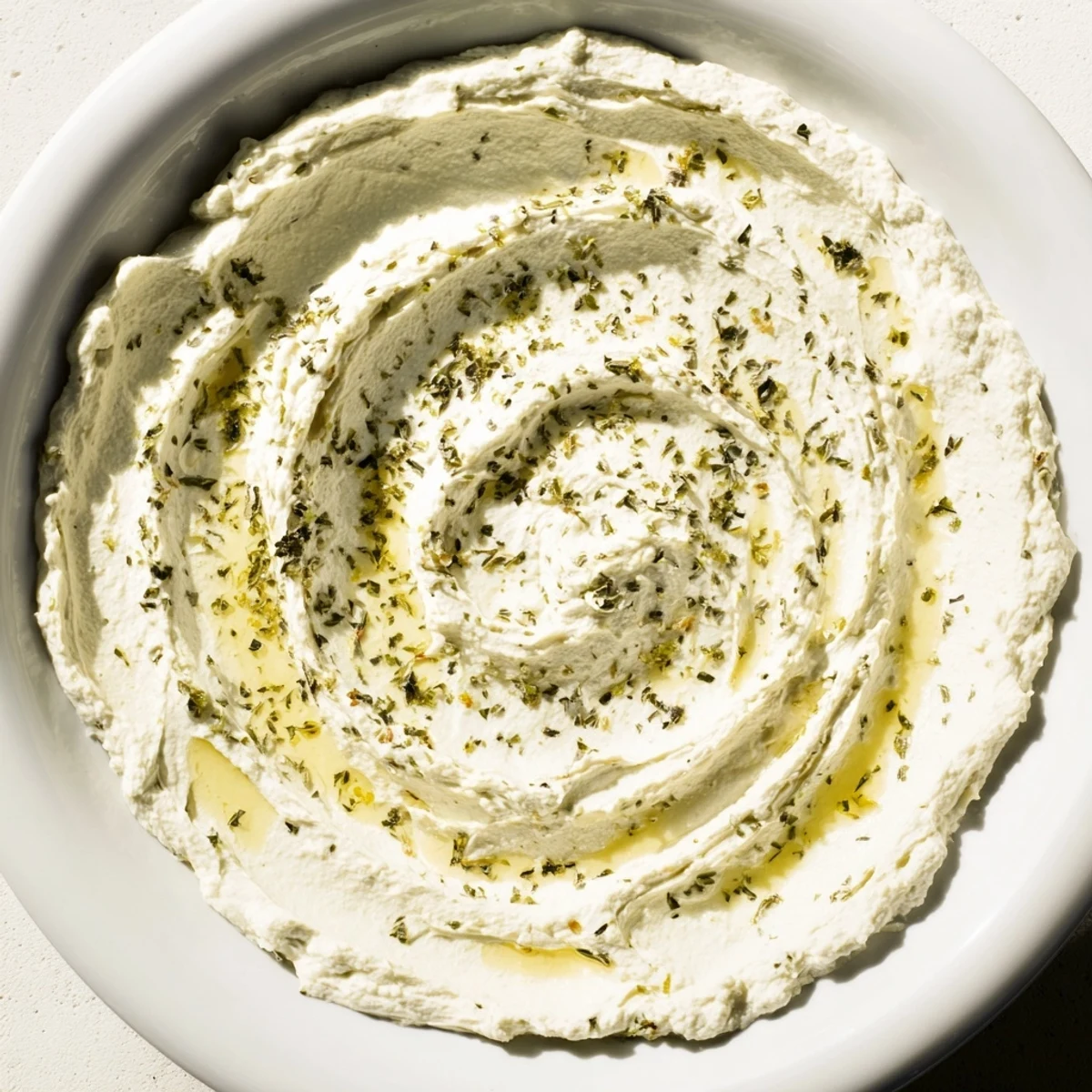 This picture reveals a close-up of the bright, refreshing whipped feta with tangy lemon-mint atop.