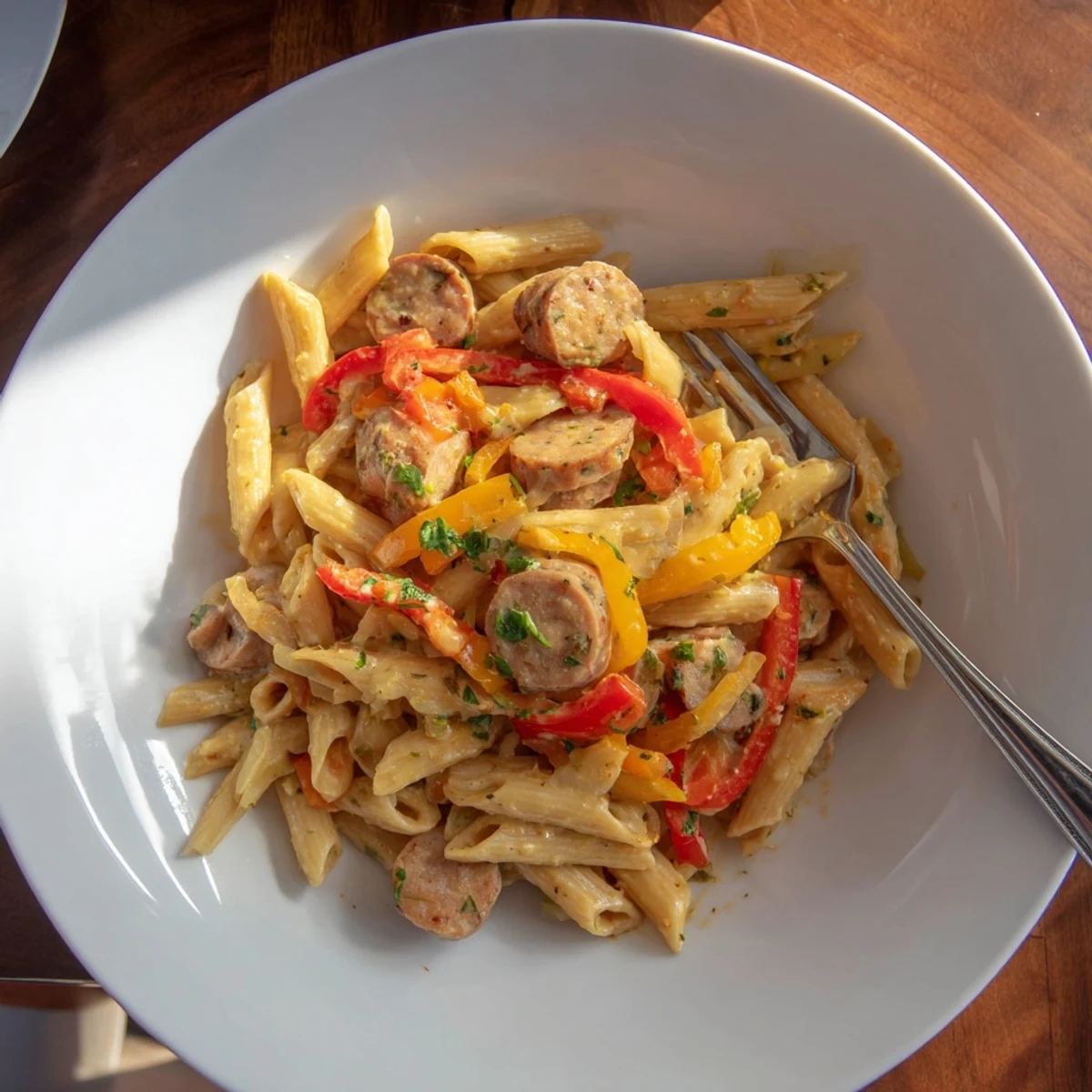 Close-up shot shows steaming, delicious Smoked Sausage Cajun Alfredo with penne, ready to be enjoyed.