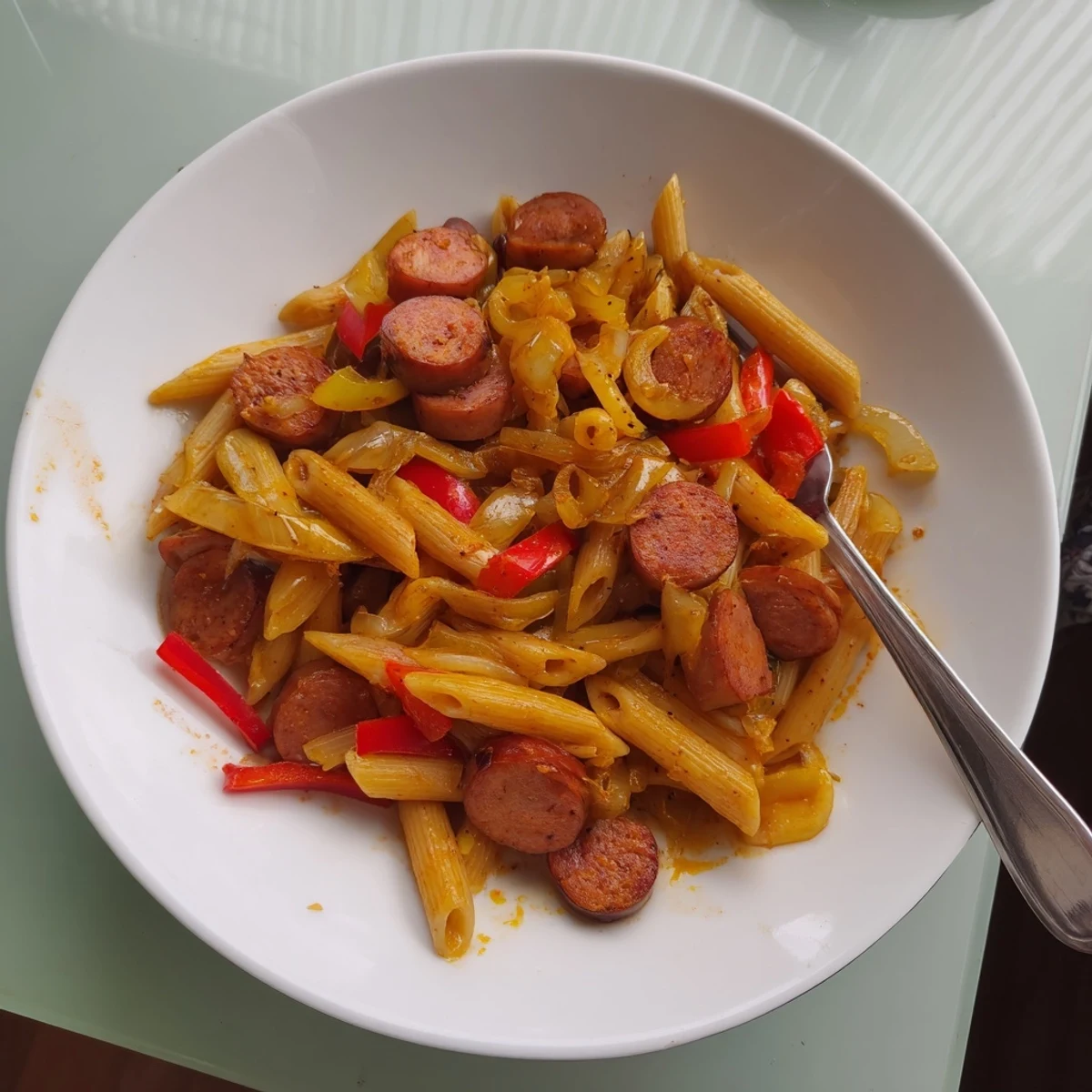 A skillet of savory Smoked Sausage Cajun Alfredo with penne; a spicy, fulfilling weeknight meal idea.
