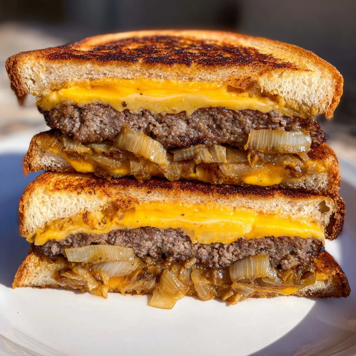 Crisply grilled Patty Melt Skillet halves, offering a perfect bite of Swiss, beef, and rye.