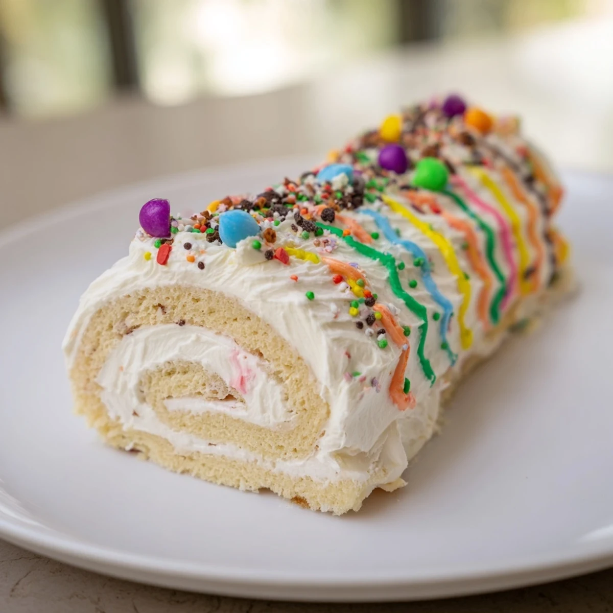 A vibrant Ugly Sweater Cake Roll showing colorful frosting piped for holiday design fun.