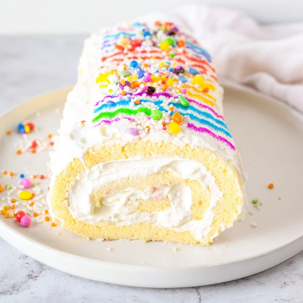 Freshly sliced Ugly Sweater Cake Roll, showcasing beautiful swirl layers perfect for dessert boards.