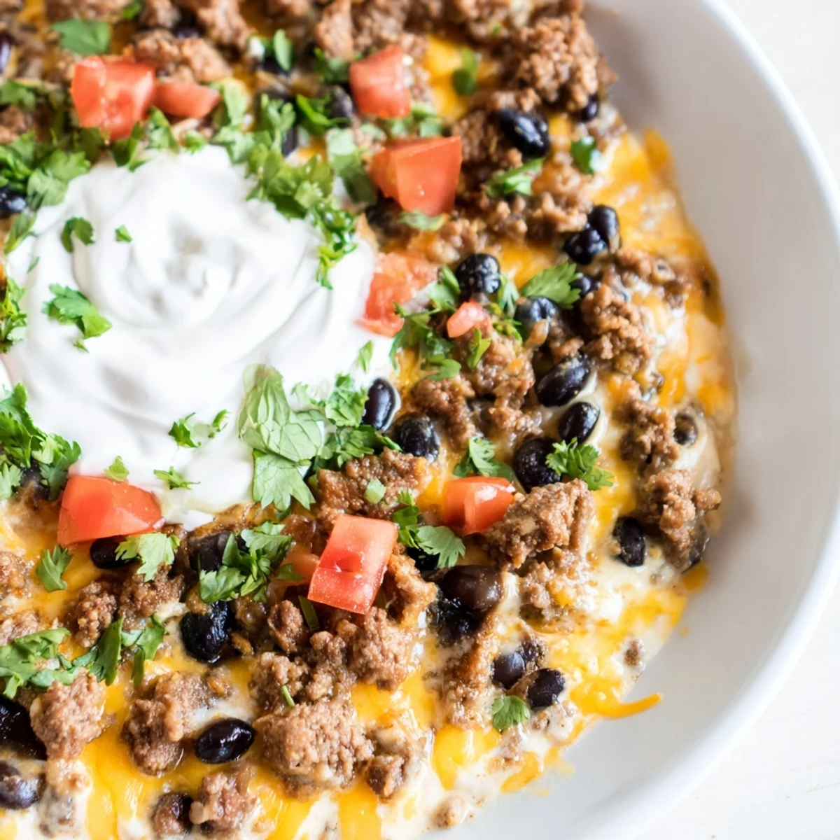 Warm, cheesy, and inviting: a close-up shows the delicious Slow Cooker Cream Cheese Taco Dip with fresh cilantro.