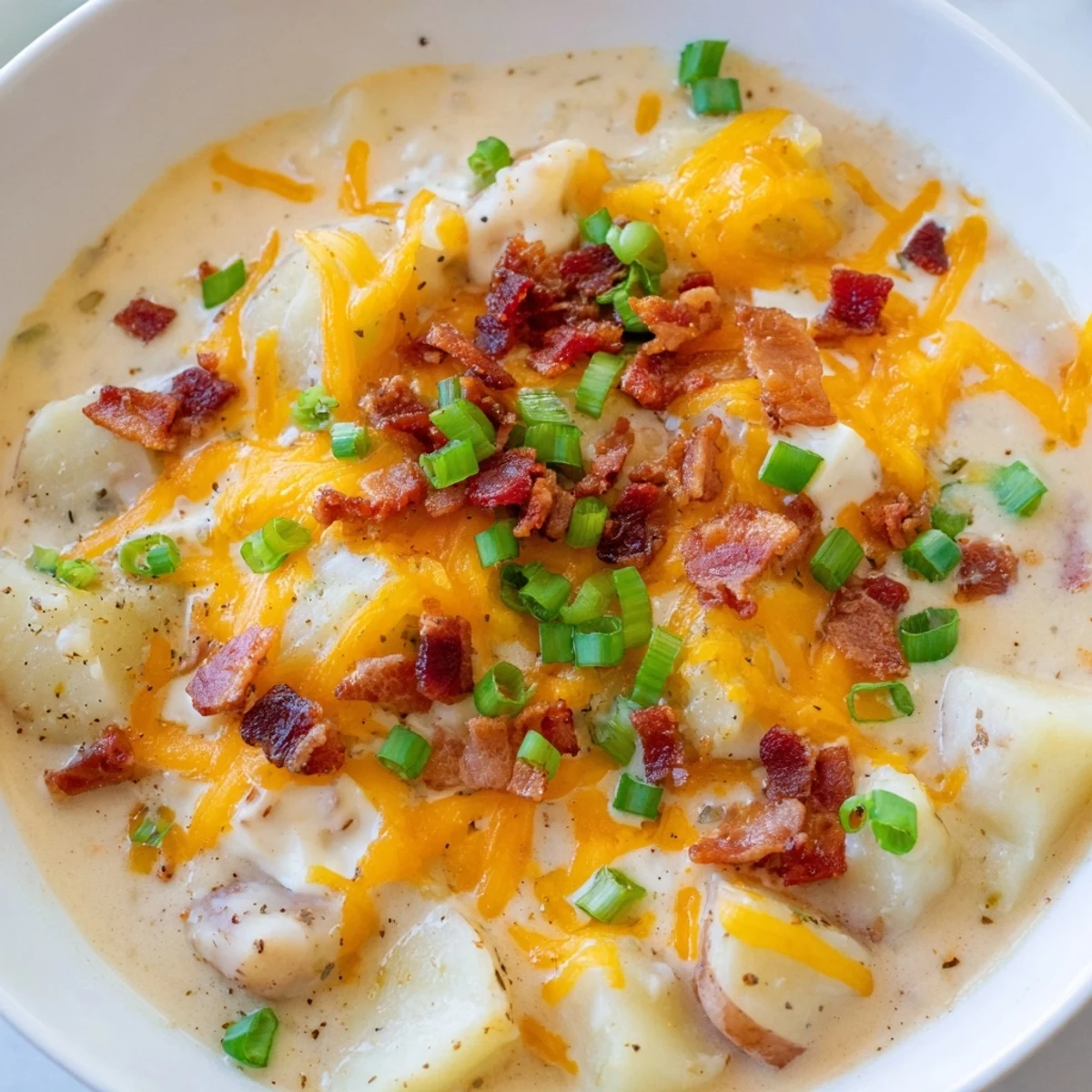 Crockpot Loaded Baked Potato Soup with creamy texture, cheesy aroma, and crispy bacon topping.