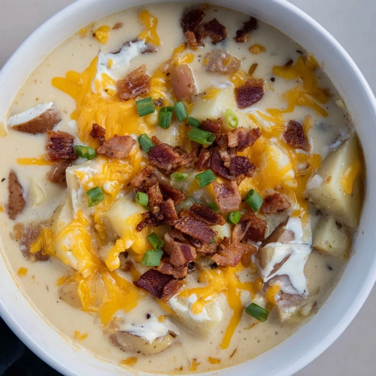Warm, hearty Crockpot Loaded Baked Potato Soup, a perfect comforting meal for chilly evenings.