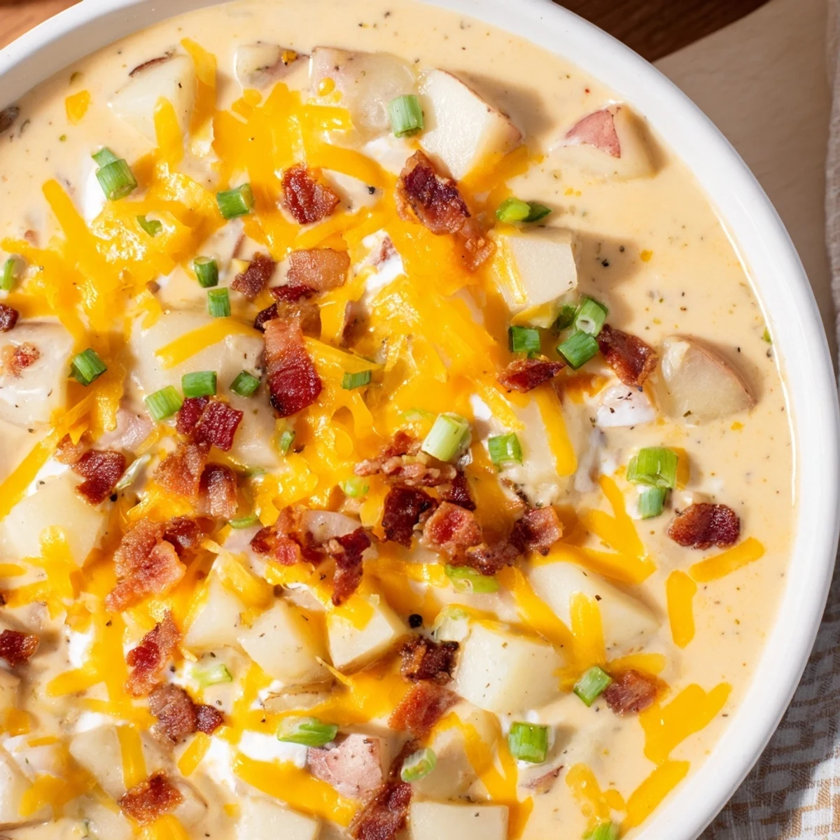 A delicious bowl of Crockpot Loaded Baked Potato Soup, beautifully garnished with fresh green onion.