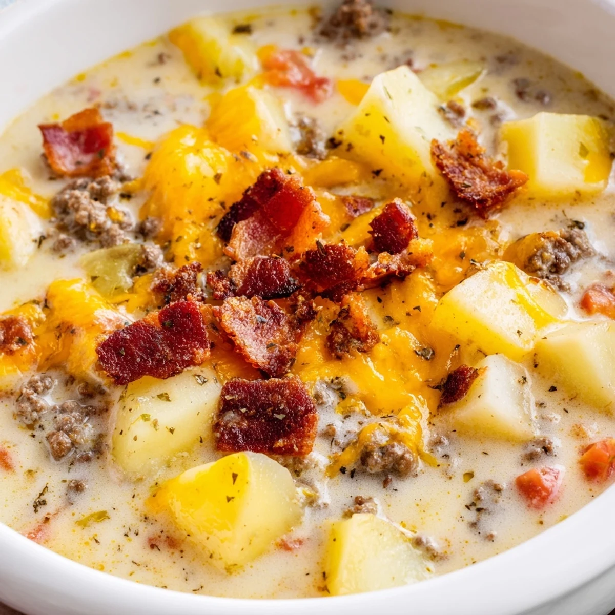 Steaming bowl of Crockpot Cheeseburger Soup; savory beef and cheddar create comfort food bliss.