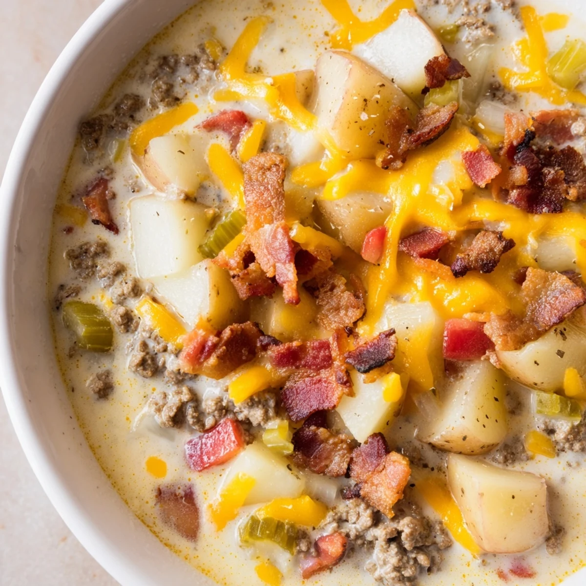 A rich close-up showcases melted cheddar in the flavorful Crockpot Cheeseburger Soup.