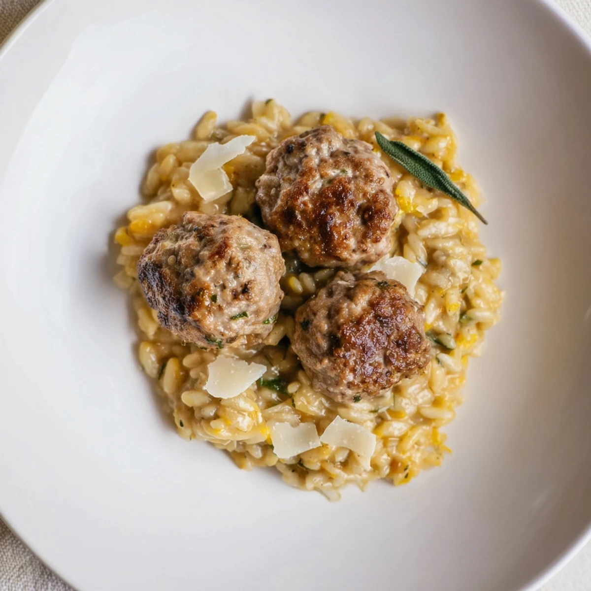 Hearty sage turkey meatballs nestled in creamy pumpkin orzo, a comforting autumnal dish.