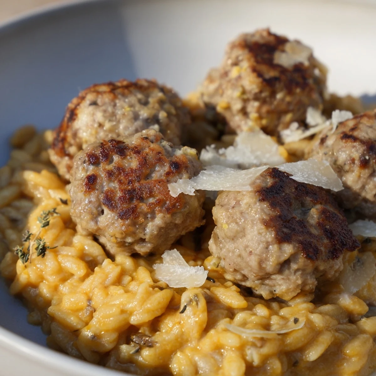 Close-up of savory sage turkey meatballs served atop a bed of creamy pumpkin orzo.
