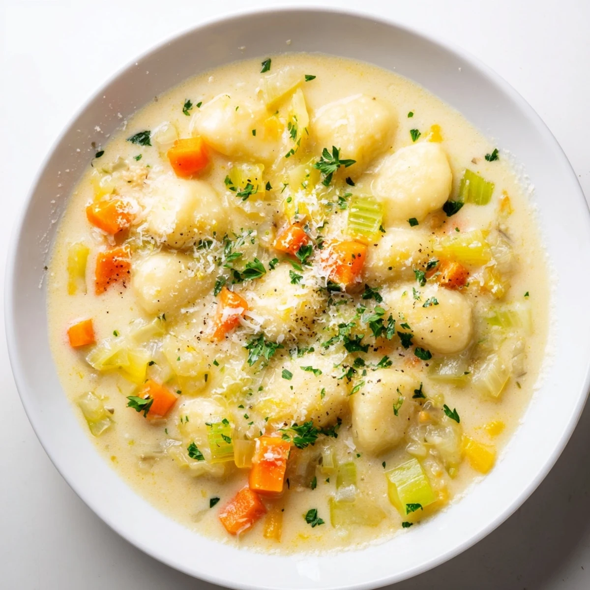 Steaming bowl of Savory Butternut Squash Gnocchi Soup, garnished with vibrant green parsley and Parmesan.