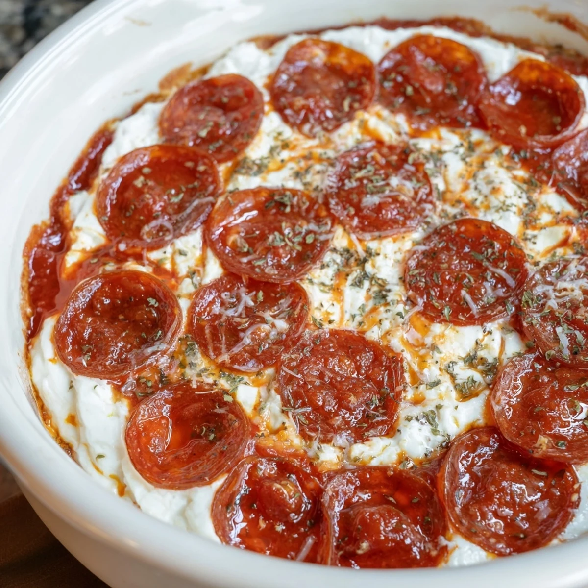 Gooey, bubbly Pizza Dip topped with crispy pepperoni, perfect for sharing at a party.