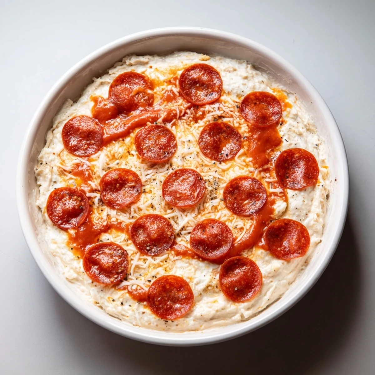 A close-up of a warm Pizza Dip, with melted cheese and delicious pepperoni slices ready to eat.