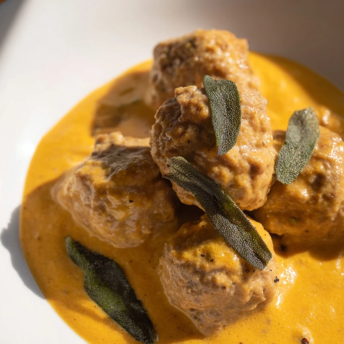 Creamy, vibrant photo of Turkey Meatballs with Pumpkin Sage Sauce, simmering in a skillet for a comforting meal.