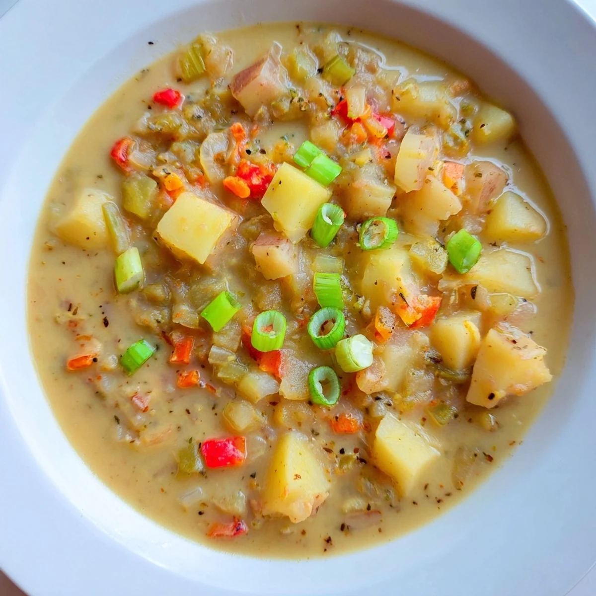 Slow Cooker Cajun Potato Soup, creamy and thick, garnished with green onions, ready to serve and enjoy.
