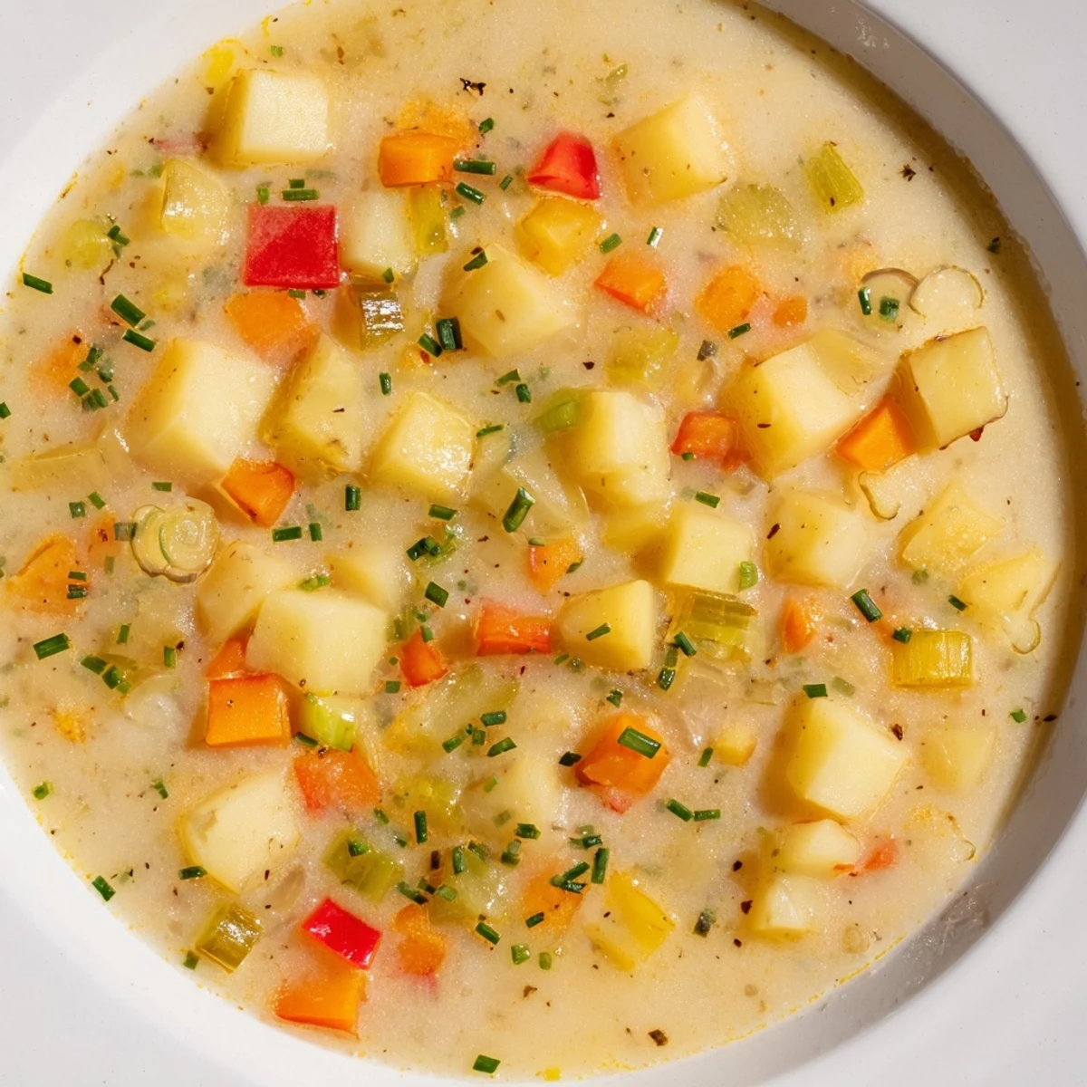 Enjoy a close-up of this delicious Slow Cooker Cajun Potato Soup, featuring tender potatoes and vibrant vegetables.