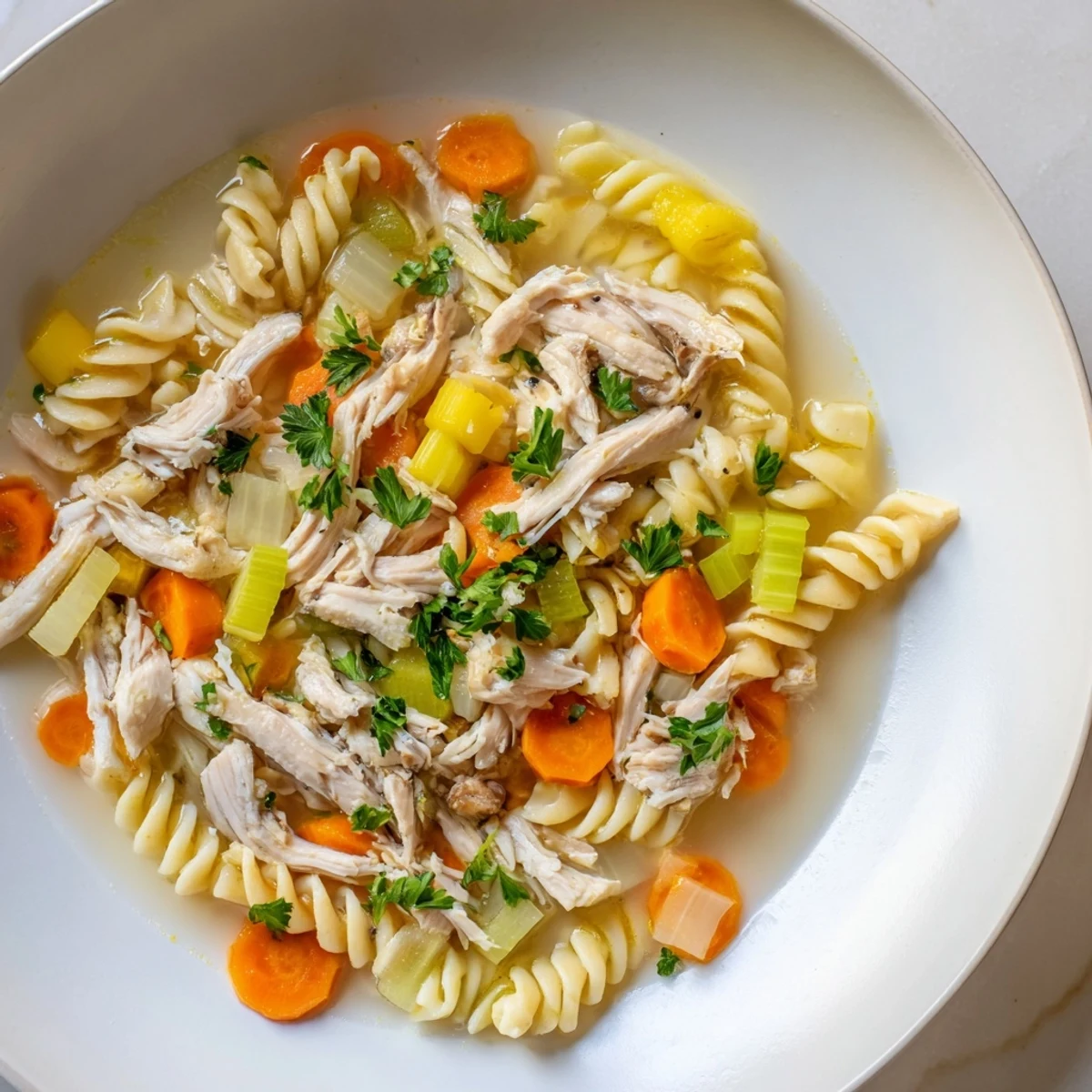 Crockpot Chicken Noodle Soup: steaming bowl of comforting soup with tender chicken and noodles.
