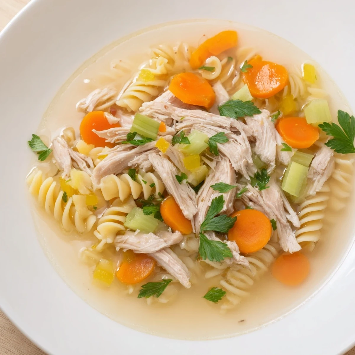 A close-up shot of a richly flavored Crockpot Chicken Noodle Soup topped with fresh parsley.