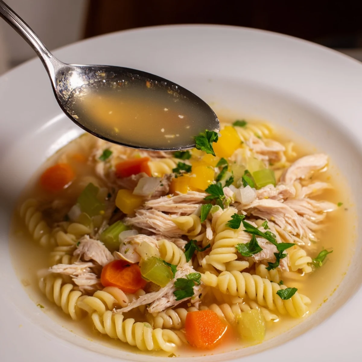 Warm, homemade Crockpot Chicken Noodle Soup, brimming with carrots, celery, and chicken broth goodness.