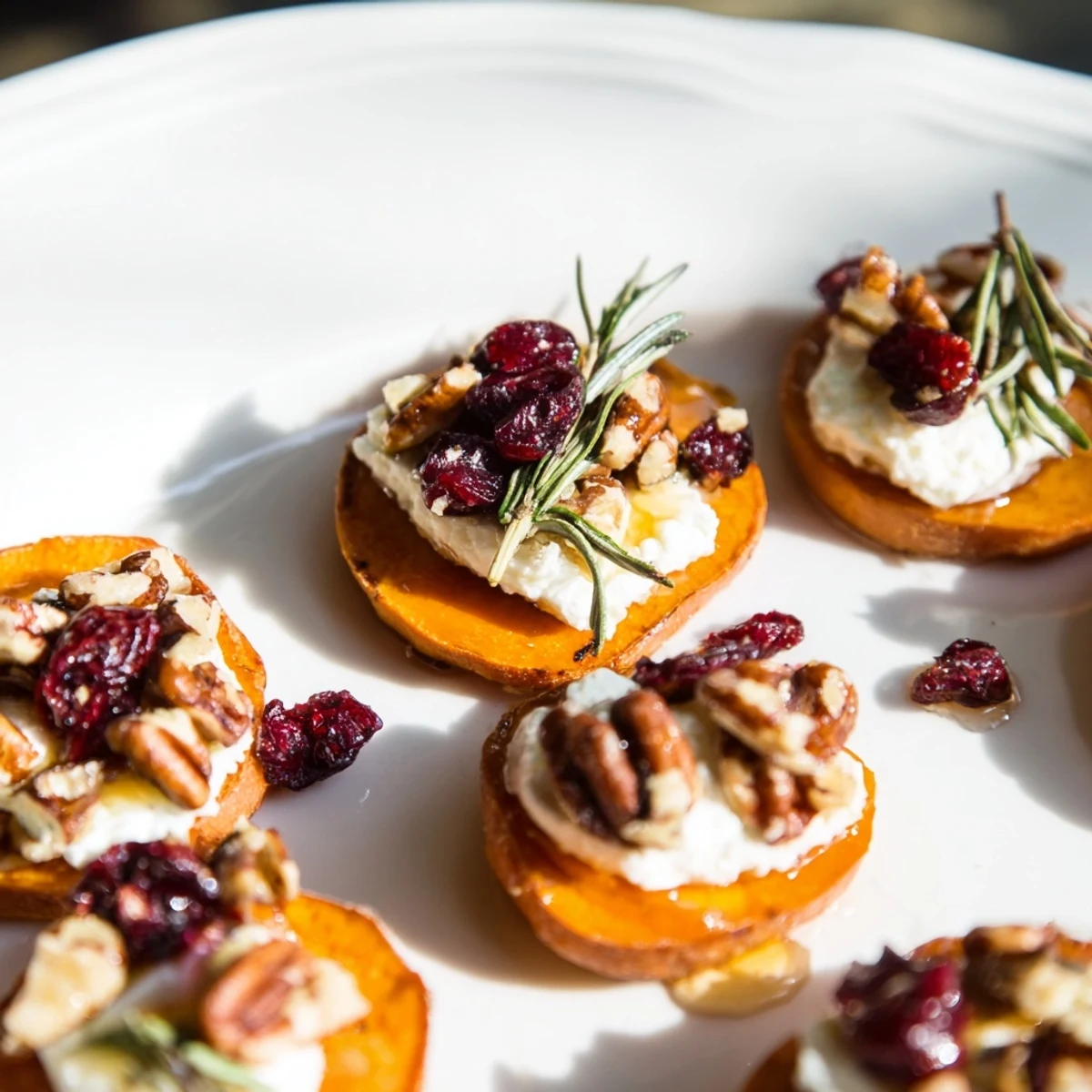 Golden-brown Express Holiday Sweet Potato Rounds, topped with creamy goat cheese and crunchy pecans.