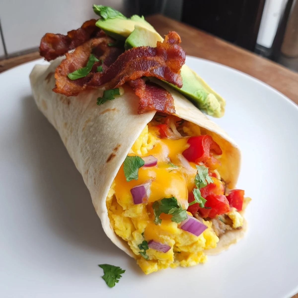A warm, soft tortilla brimming with fluffy Easy Festive Breakfast Burrito Wraps, perfect for breakfast.