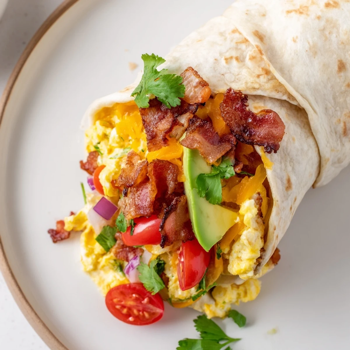 Golden scrambled eggs mingle with bacon and colorful veggies inside the easy Festive Breakfast Burrito Wraps.