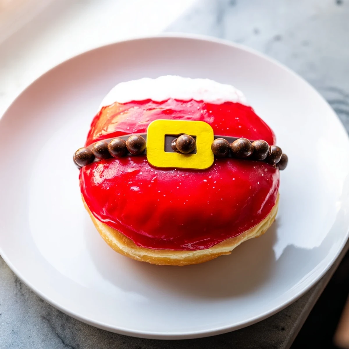 Santa Belly Donuts, vibrant red frosted donuts with chocolate belts and festive yellow buckles, ready to eat.