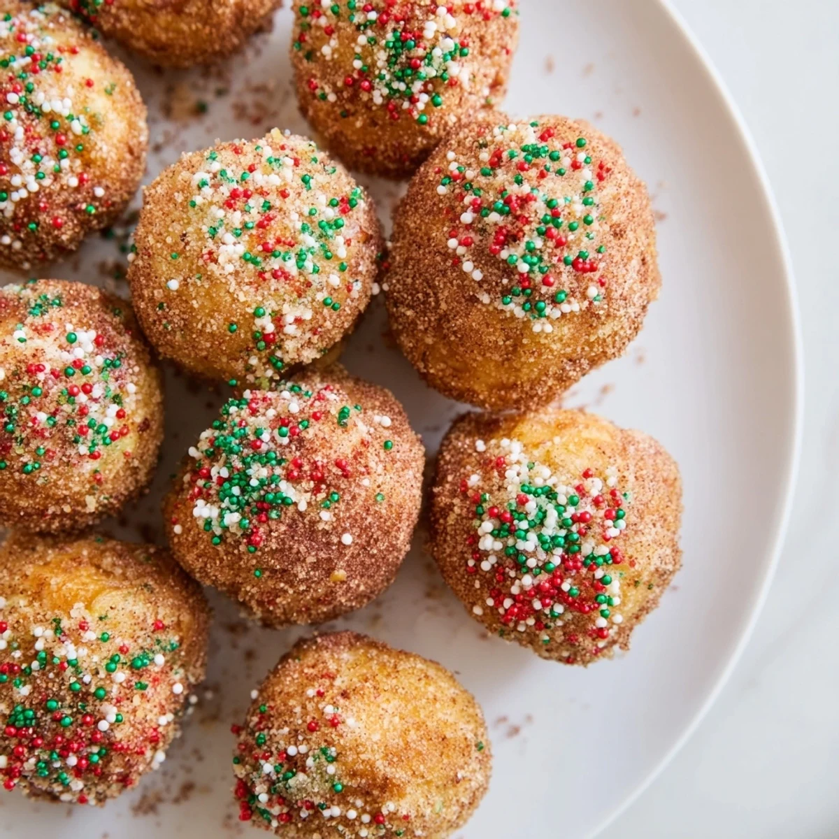 Perfectly round Air Fryer Christmas Donut Holes, with a light, fluffy texture, ready to enjoy warm.